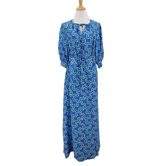 Diane Von Furstenberg Dress Womens Medium Blue Drogo Squiggle Puff Shoulder Maxi - Picture 1 of 16